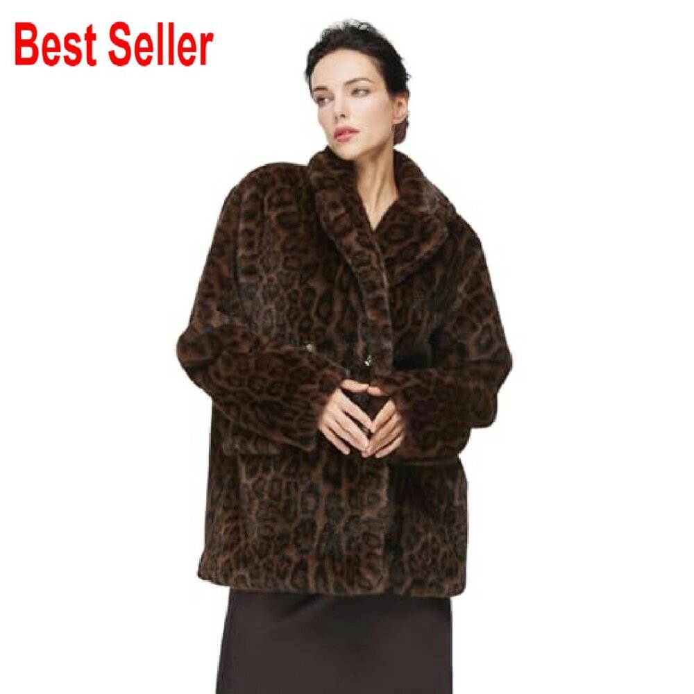 Leopard Print Faux Fur Cropped Jacket Y2K Retro Chic Outerwear with Pockets - Picture 2 of 8